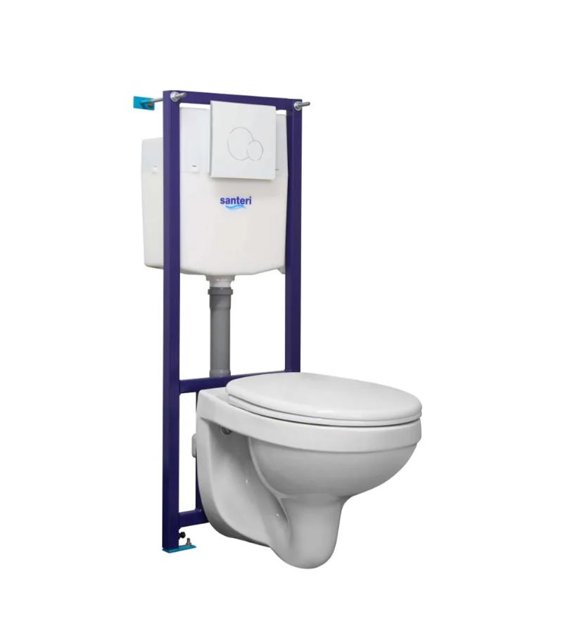 Wall mounted toilet installation, with tank, lid, white button Альфа Комф bitter. Santeri