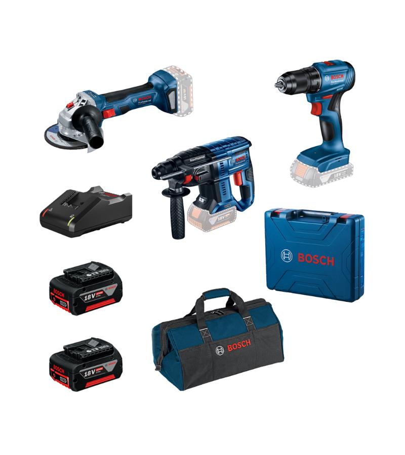 დრელე + ხრახნ დამჭერი + კუთხსახეხი + ელემენტი (2ც) + ჩანთა + დამტენი   #0615990N1Y   მწარ. BOSCH