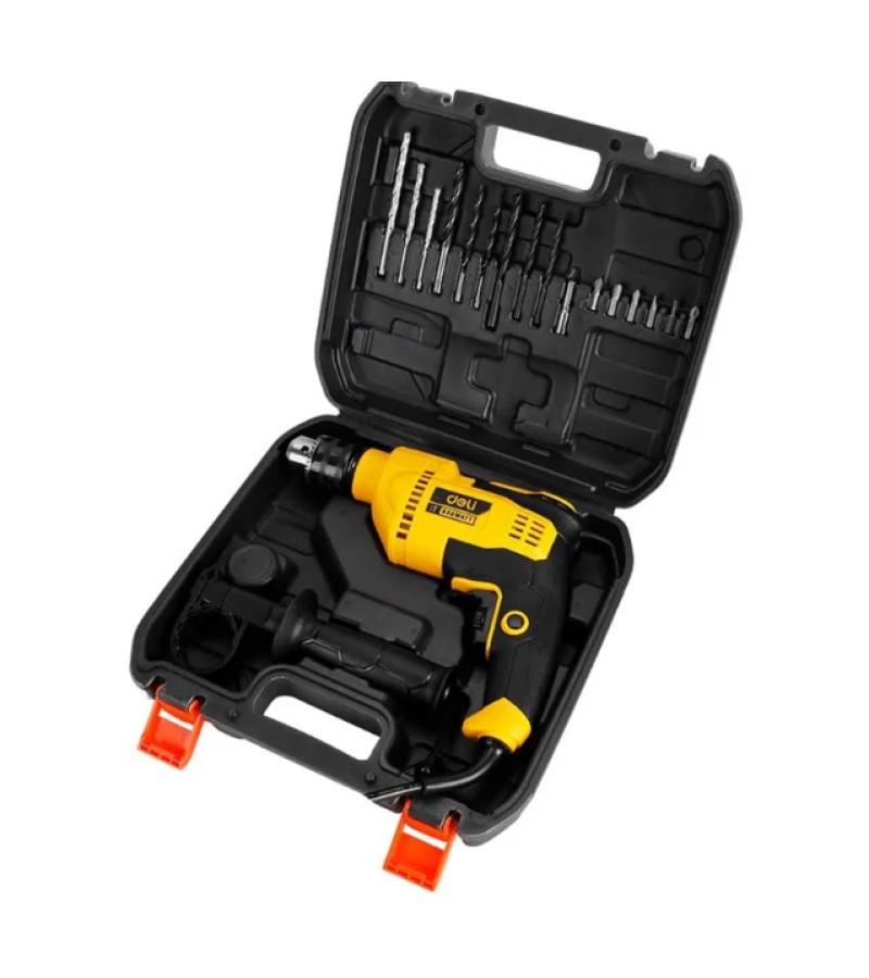 ელ. დრელი  თავაკების ნაკრებით  650w  13mm  DC180    მწარ.  deli 