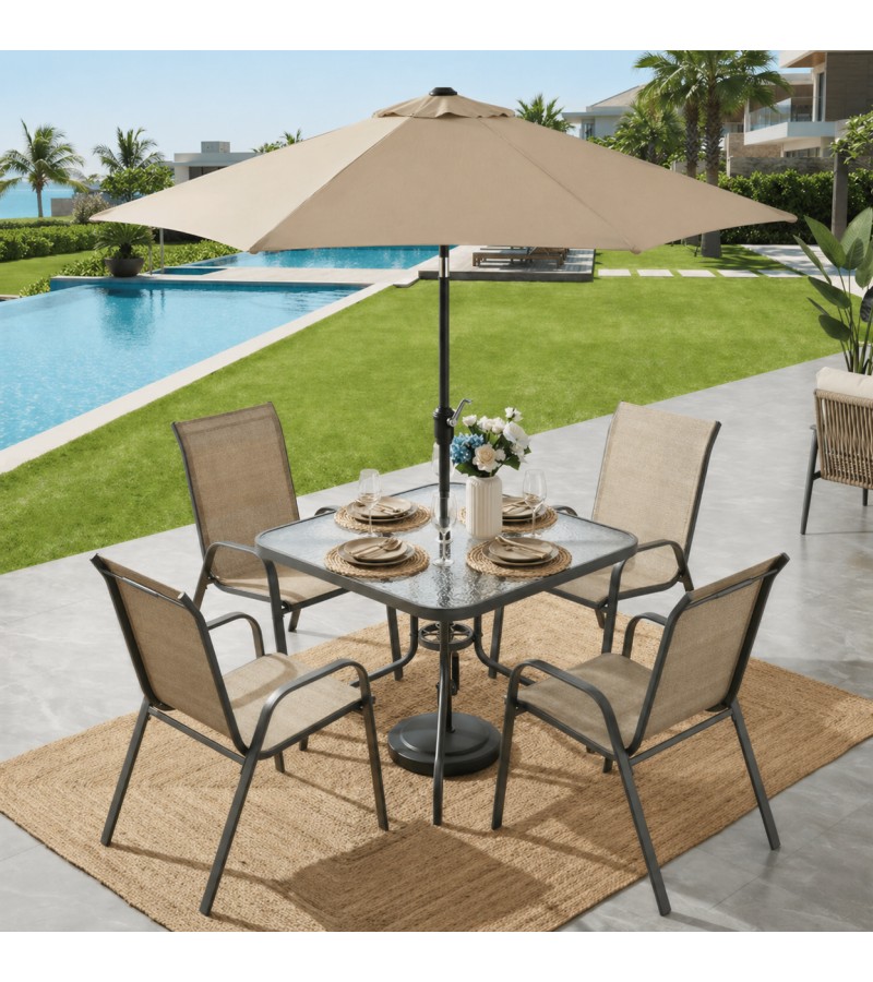 გარე მაგიდა სკამები  4+1 ქოლგით ( 4ც-სკამი ; 1ც-მაგიდა ) FSLX-ZY576Q+F12